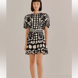 NWT Farm Rio Size S Palermo Puff Sleeve Mini Dress Black & White Floral Print